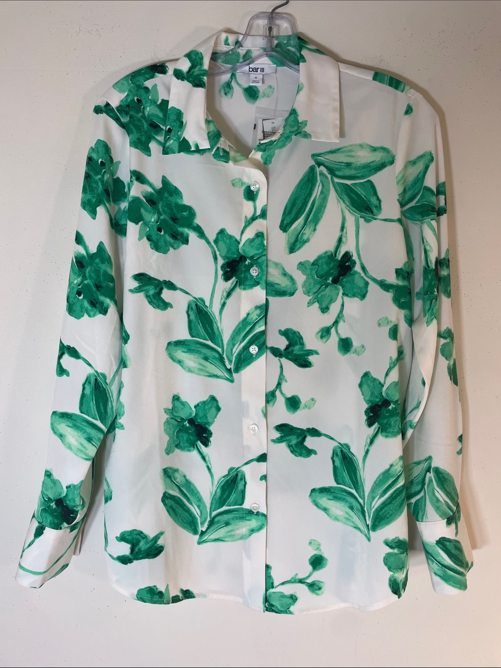 Bar III White Blouse with Green Botanical Print. S. NWT.